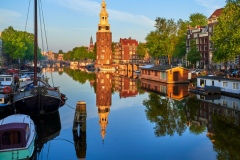 View on Montelbaantoren from Kikkerbilsluis in Amsterdam, 2020