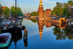 View on Montelbaantoren from Kikkerbilsluis in Amsterdam, 2020