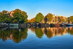 Panoramic view of Amstel River (west side) in Amsterdam, 202021